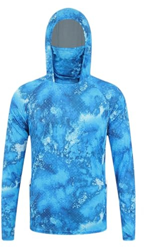 Générique T Shirt Anti UV Homme Capuche UPF50+ Chemise de pêche à Manches Longues Sweat à Capuche Protection Solaire Tee Shirts Anti-UV Respirant à Séchage Rapide (Masque Intégré)