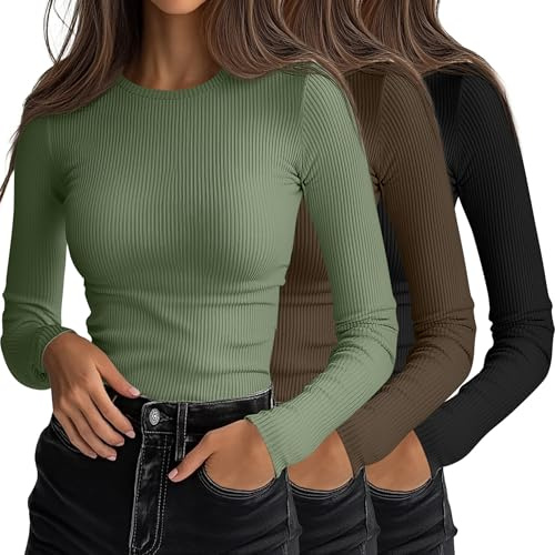 Ficerd Paquete de 3 Camisetas Interiores Elásticas de Manga Larga con Cuello Redondo y Tejido Acanalado para Mujer | Camiseta interior de cuello redondo, ajustada, básica de punto, casual de verano, camiseta elástica en capas