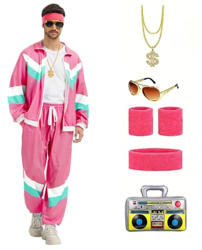 80-tal 90-tal kläder män kvinnor retro träningsdräkt, disco hel kropp kostym hiphop sportkläder set, joggingdräkter, streetwear träningsdräkt, modekostymer (rosenröd, L)