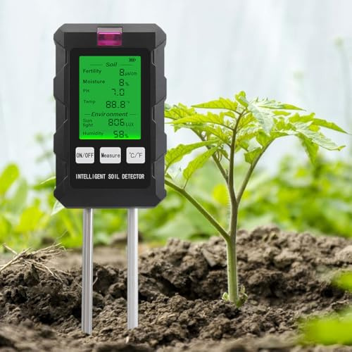 Qivine 6 in 1 Misuratore PH Terreno, Igrometro per Piante per Fertilità/PH/Umidità/Temperatura/Luce Solare/Umidità Ambientale, Sensore Umidità Terreno con Display LCD per Giardinaggio Agricoltura