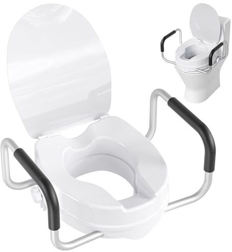 Raised Toilet Seat with Handles, Adds 4 Inches (10cm) Height Mobility Toilet Seat Riser, 300 lbs Weight Capacity Elevated Toilet Riser for Elderly Disabled Recovery, for Standard Round Toilet