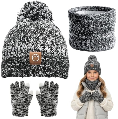 YUFFQOPC Kids Hat Scarf Gloves Set, 3 In 1 Knit Warm Toddler Winter Cap Gloves Neck Warmer, Warm Thermal Knitted Beanie Cap Snood Neck for Boys Girls 3-12 Years, Gray