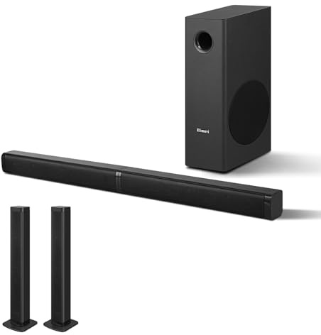 Elimavi Barre de son avec caisson de basses de 14 cm – Système de son surround 2 en 1 amovible avec basses profondes 2.1 canaux, Bluetooth 5.3 et RCA, pour TV, jeux PC et cinéma maison