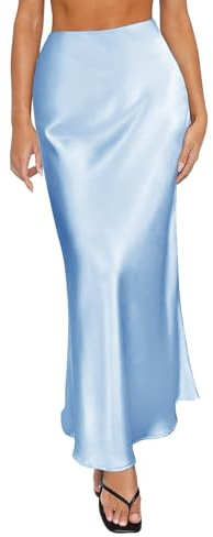 Falda larga de satén para mujer, cintura alta, cintura elástica, de seda, acampanada, color liso, estilo casual para fiesta