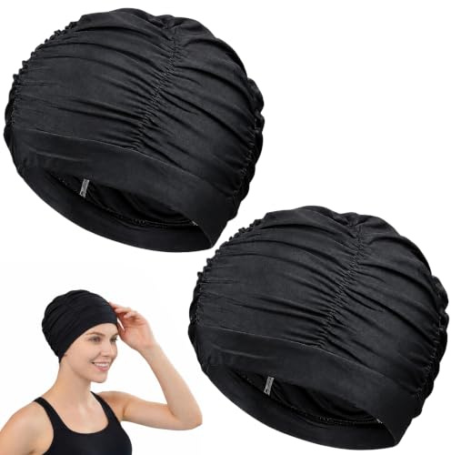 2 Stück Badekappe Damen, Badekappe Damen Lange Haare, Schwimmhaube, Luftdurchlässiges, Elastisches Polyestergewebe Mit Langem Haar, Geeignet Für Strand, Urlaub, Innenpool Usw (Schwarz)