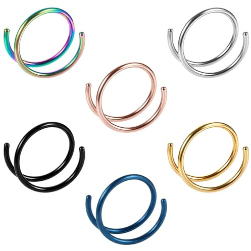 Xinjoduz Lot de 6 anneaux de nez à double anneau pour piercing simple, anneaux de nez torsadés en spirale en acier inoxydable pour femme, calibre 20, bijoux de piercing de narine (8 mm, 6 couleurs)