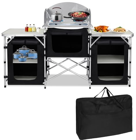 Yunvin Portable Camping Kitchen, Aluminium Camping Cabinet with 5 Internal Shelves, Windscreen and Carry Bag, Outdoor Storage Cupboard for BBQ and Picnic