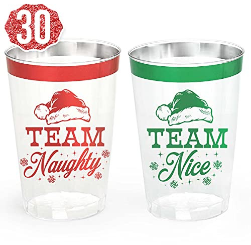 xo, Fetti Christmas Decorations Cups - 30 count, 12 oz | Team Naughty or Nice, Christmas Eve Disposable Drinkwear, Clear Plastic Cocktail Tumbler with Foil