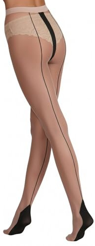 Yummy Bee - Collant Transparent Femme - Collants Silky avec Couture Arrière et Cubains Talon - Grande Taille (Large, Nu/Noir)
