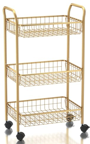 MNOPQ 3 Tier Rolling Utility Cart, Storage Trolley Service Cart with Wheels Easy Assembly for Kitchen, Living Room, Office, Salon, Gold