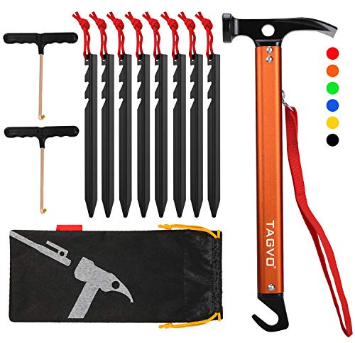 TAGVO Martello da Campeggio con 8 Alluminio picchetti per Tende con 2 Pezzi di estrattore di Chiodi multifunzionali,con Borsa di stoccaggio,Multifunzione in Alluminio Martello da Campeggio Portatile