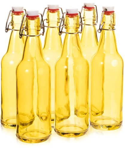 Cocktailor Glass Grolsch Beer Bottles (6-pack, 16.9 oz./500 mL) Airtight Seal with Swing Top/Flip Top Stoppers - Home Brewing Supplies, Fermenting of Alcohol, Kombucha Tea, Wine, Soda - Yellow
