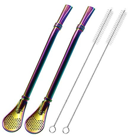 Lot de 2 pailles en acier inoxydable avec cuillère filtrante, lot de 2 pailles à thé, Mate Bombilla, bâton mélangeur à café pour thé glacé, cocktail, avec 2 brosses de nettoyage (colorées)