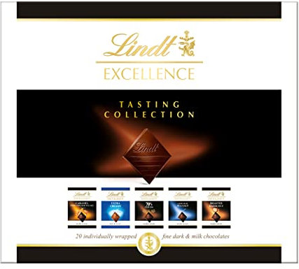 Lindt Mini EXCELLENCE Caja degustación con 20 tabletas de chocolate, tabletas individuales, chocolate con leche, chocolate negro, chocolate con almendras, con caramelo y sal, 200gr