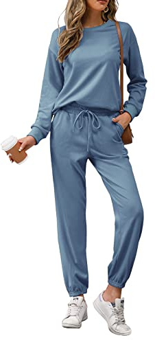 REORIA Womens Long Sleeve Crewneck Solid Color Two Piece Outfit Hoodie Jogger Tracksuit Set Sweatshirt & Sweatpants Grey Blue M