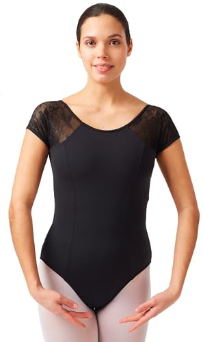 tanzmuster Ballett Trikot Damen Kurzarm - Maike - BH-Pad-Einschub - geblümte Spitze - schwarz 36 - schwarzer Tanz Body - Ballettkleidung für Erwachsene