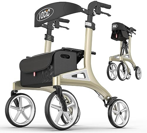 VOCIC Z71 Rollator faltbar und leicht mit Sitz Wasserdicht Aluminium Rollator leicht klappbar für Senioren Rollatoren leichtgewicht und faltbar spezial, Pannensichere All-Terrain-PU-Reifen, Grün