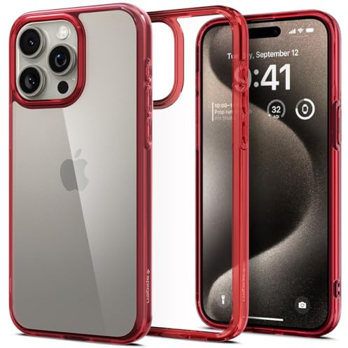 Spigen für iPhone 15 Pro Max Ultra Hybrid Hülle [Anti-Yellowing] Case Handyhülle Schutzhülle Cover Transparent Durchsichtig Dünn Slim -Deep Red