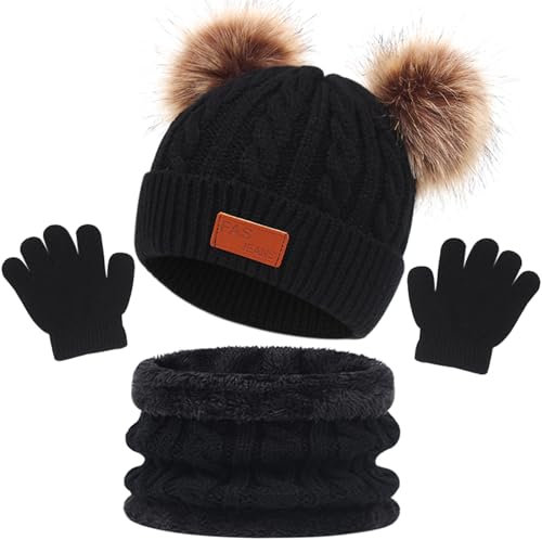 Flintronic Bonnet Chaud écharpe Gants Ensemble D'Enfant 3en1, Bonnet Enfant Hiver Tricoté Tour de Cou Chaud, Bonnets Hiver avec Pompon pour Fille Garçon (1-5 ans)