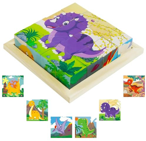 ARONRAVE Würfelpuzzle Holz, 3D Bilderwürfel Holz Puzzlespiele 6 in 1 Dinosaurier Motive Holzpuzzle Motive für Kinder 1 2 3 4 Jahre Montessori Lernspielzeug für Kinder ab 1 2 3 4 Jahre