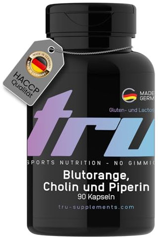Blutorange, Cholin und Piperin - 90 Kapseln - Hochdosiert - * Fettstoffwechsel Formel - TRU Sports Nutrition - 100% Vegan | Herstellung & Laborprüfung in