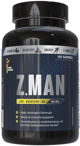 Zinc Magnesium Supplement for Men, 120 Capsules - Muscle & Sleep Support, High Strength Magnesium Zinc Tablets with VIT B6 - Muscle Growth Recovery Performance - Vegan, UK Made - 60 Servings