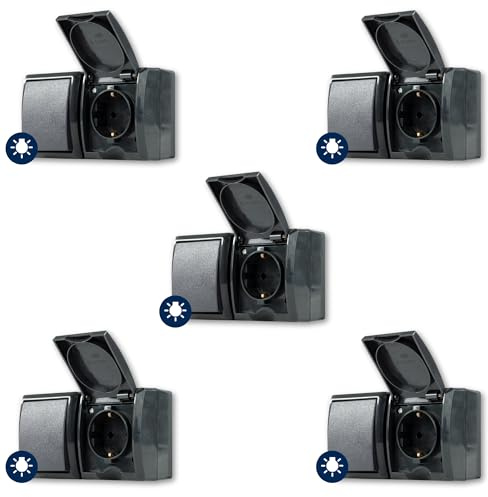 REV AquaForm - Lot de 5 prises - Combinaison d'interrupteurs A/W - IP44 - Bipolaire - Montage en saillie - Anthracite