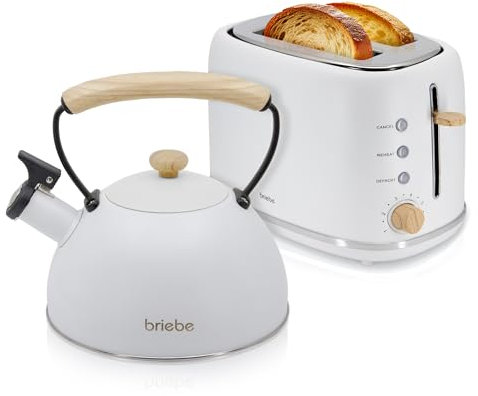 briebe Nordic Ensemble Grille Pain 2 Fentes Tranches Larges, 6 Niveaux de Dorage + Bouilloire Induction Sifflante 2,3L, Acier Inoxydable, sans BPA, Pack Petit Déjeuner, Design Nordique, Blanc