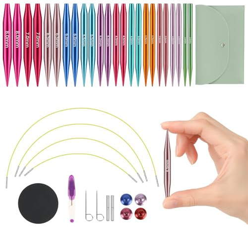 Set di Brevi Ferri Circolari Intercambiabili, Ferri Circolari Mini da 5 cm con Custodia e Accessori, 12 Diametri di Ferri da 3-8 mm, 4 Lunghezze Regolabili da 20-40 cm (12 Paia)