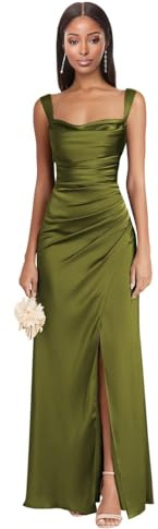 ZUMEIJIA Long Olive Green Square Neck Bridesmaid Dresses for Women 2025 Ruched Spaghetti Straps Pleated Satin Formal Evening Party Dresses with Side Slit US0