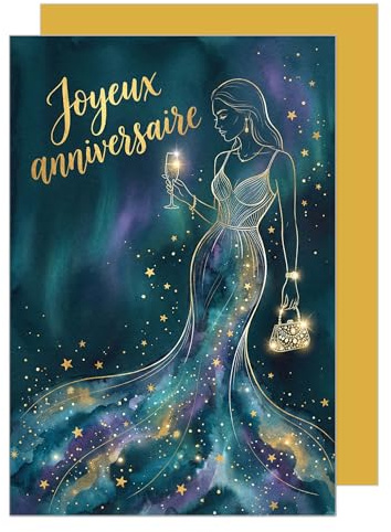 Edition Seidel carte d’anniversaire premium avec enveloppe. Carte de vœux carte double avec message Joyeux anniversaire pour femme amies champagne élégante à la mode brillant (G4164 SW026)