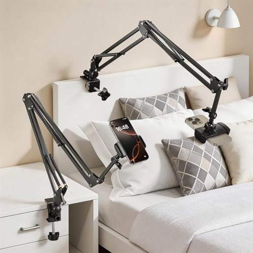 Soporte Movil Cama, Soporte para Teléfono con Brazo Articulado Soportes de Teléfono Móvil para Cama Escritorio Soporte Movil Pinza Flexible para iPhone, Samsung, Huawei, Smartphone de 4 a 7 Pulgadas