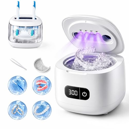 Ultrasonic Retainer Cleaner 49kHz IPX5– 4 UV Lights, 220ML, 4 Modes（White） | LED Timer Aligner Cleaner for Dentures, Mouth Guards, Night Guards, Toothbrush Heads & Jewellery, Quiet Travel Cleaner