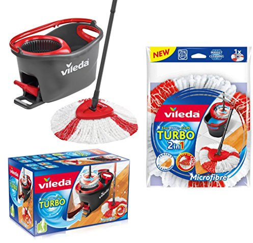 Vileda Turbo EasyWring & Clean Complete Set, Mop with Bucket and Power Spinner Plus Replacement Head Turbo