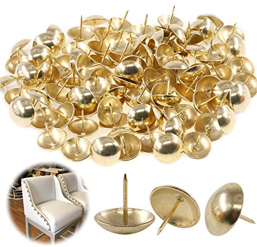 Keadic 100Pcs 1 (25mm) Antique Upholstery Tacks Furniture Nails Pins Assortment Kit for Upholstered Furniture Cork Board or DIY Projects - gold