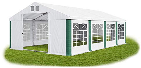 Das Company Partyzelt 4x8m feuersicher wasserdicht weiß-grün mit Bodenrahmen und Dachverstärkung 620g/m² PVC Plane Robust Gartenzelt Summer Plus FR