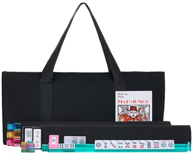 HNDTEK American Mahjong Set - Black Soft Bag - 166 White Engraved Tiles, 4 All-in-One Rack/Pushers Western Mah Jongg Game Set