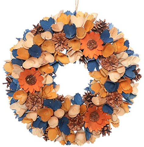 Autumn Wreath Decorative Blue & Orange Floral Wooden Evergreen Fall Harvest Halloween Hanging Door Wreath - D32cm/13