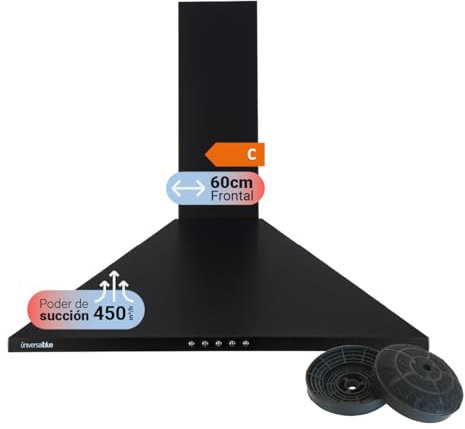 UNIVERSALBLUE Campana Extractora 60 cm Piramidal Negra | Extractor de Humo y Aire Eléctrico para Cocina | 3 Velocidades | Sin Salida de Humos | Potente Succión 450 m³/h | Filtros Incluidos
