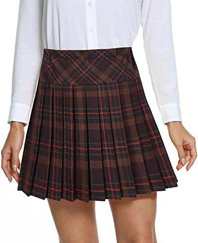 EXCHIC Dam skola stil A-linje elastisk hög midja mini plisserad kjol skotsk pläd kilt med byxor, 21, L