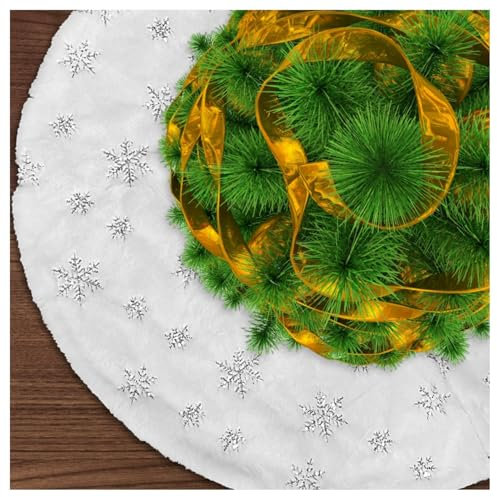 Jsdoin Christmas Tree Skirts, 36 Inch White Plush Double Layers Tree Skirt with Silver Snowflake Printed, Xmas Tree Base Cover for Christmas New Year Home Decoration(90cm)
