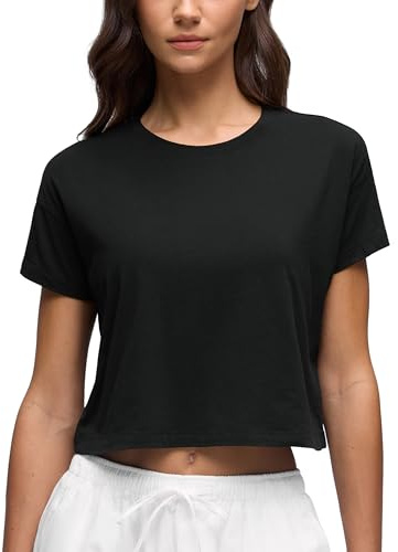 CRZ YOGA Pima Cotton Relaxed Crop T-Shirts for Women - Workout Athletic Gym Casual Short Sleeve Shirts Loose Crewneck Tops Black Small