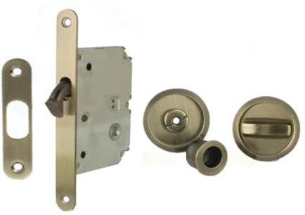 Set kit chiusura chiavistello per porta scorrevole, con rosette rotonde con chiusura e sblocco serratura intarsiata con gancio diametro di rosette incassate 56 mm (BRONCE)