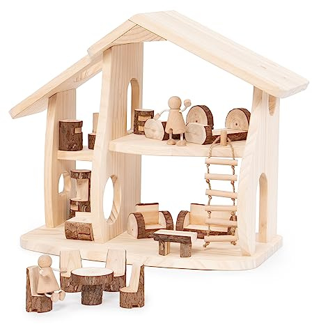 Guidecraft Woodlands naturligt trä flervånings dockhus set med möbler - barn pedagogisk leksak lekhus