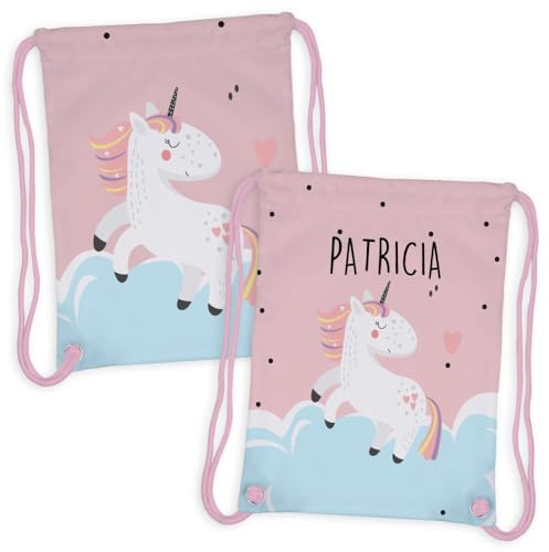 Wanapix | Sacca Bambino Personalizzata | Zaino con Nome | Impermeabile | Borsa Bambini Scuola/Asilo/Viaggi/Sport | Per lavatrice e asciugatrice | Unicorno | 27x33cm