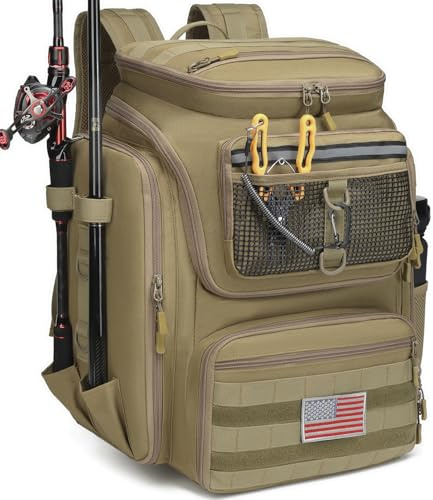 HAMBOLY Fishing Backpack 45L with Rod Holders, Waterproof Tackle Storage Backpack for Fishermen, Large Capacity Outdoor Fishing Gear Bag for Travel & Hiking