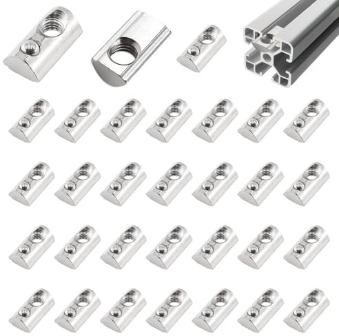 alwaiiz 50 piezas de tuercas con ranura esférica 8, serie 30 M6 de acero al carbono, tuercas deslizantes en T con centrado puente para ranura de extrusión de perfil de aluminio