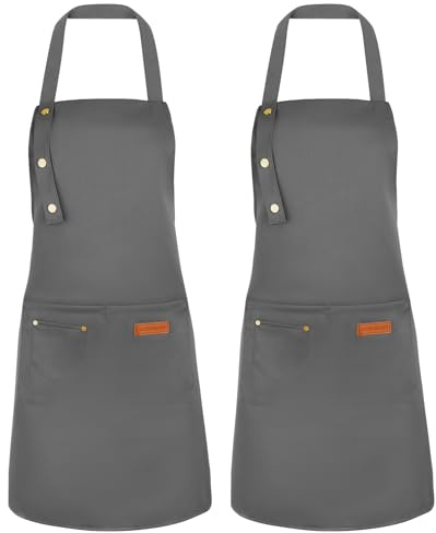 ViEinkaufen 2 Pack Adjustable Kitchen Apron for Women - Waterproof Chef Aprons Bakers Cooking Apron with 2 Large Pockets, Unisex Resuable Canvas Apron for Home Kitchen, Restaurant, Coffee, BBQ (Grey)