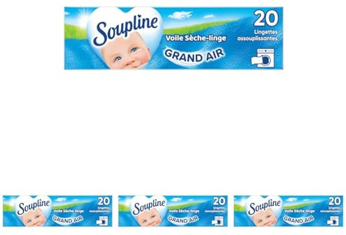 SOUPLINE - Voiles Sèche-Linge Adoucissants Grand Air - Parfument agréablement le Linge - Lingettes à Disposer dans le Sèche-Linge - 20 lingettes (Lot de 4)