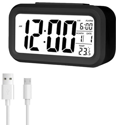 Jsdoin Digitaler Wecker, Wecker mit Große LED Temperaturanzeige, Snooze Zeit, Leuchtdisplay, Datumsanzeige, Schlafzimmer, Badezimmeruhr Und Bür(Wiederaufladbar,Schwarz)